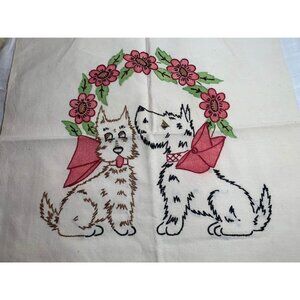 Vintage Hand Embroidered Scottie Dog Design Unfinished Pillow Case 20" x 22"
